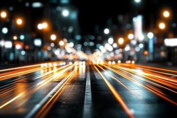Obraz premium Dynamic light trails on a wet city street at night capturing urban energy and movement