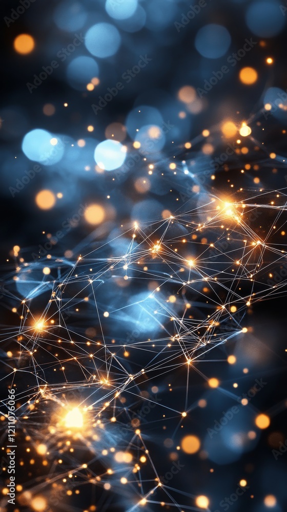 Poster digital network with glowing lights and soft blue bokeh in a dark background creating a futuristic a