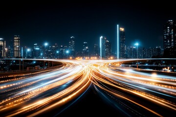 Obraz premium City skyline illuminated at night with vibrant light trails from busy highways weaving through the urban landscape