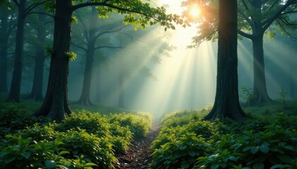 Obraz premium Morning mist rises from the forest floor, veiling trees and underbrush, eerie atmosphere, nature's veil, overgrown vegetation