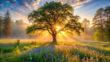 Fototapeta premium Golden Sunrise Illuminating a Majestic Oak Tree in a Vibrant Wildflower Meadow