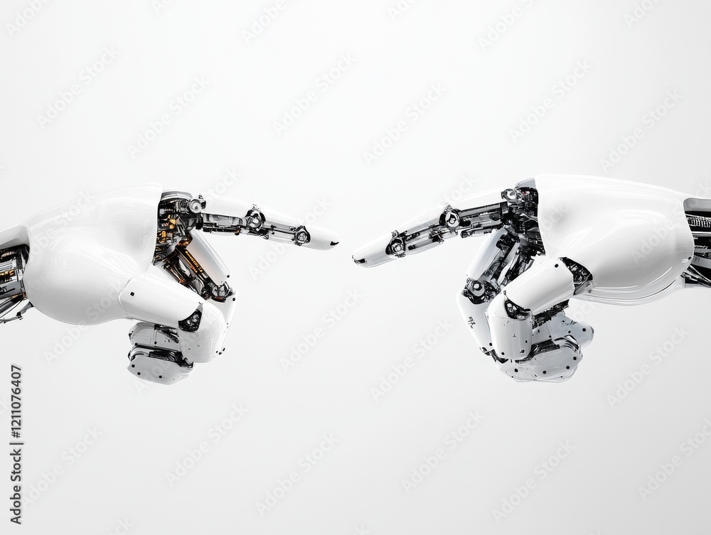 Poster human-like robotic hands reaching toward each other in a symbolic connection between technology and 