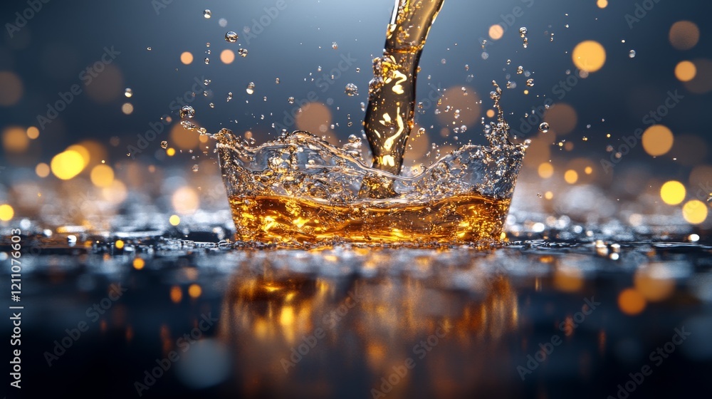 Poster liquid splash creates dynamic patterns with golden tones in a dark atmospheric setting