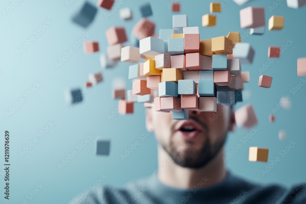 Poster creative expression through colorful cubes with a man at the center in a modern, abstract setting