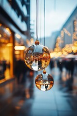 Holiday decorations reflect warm lights in a bustling shopping street during the evening hours