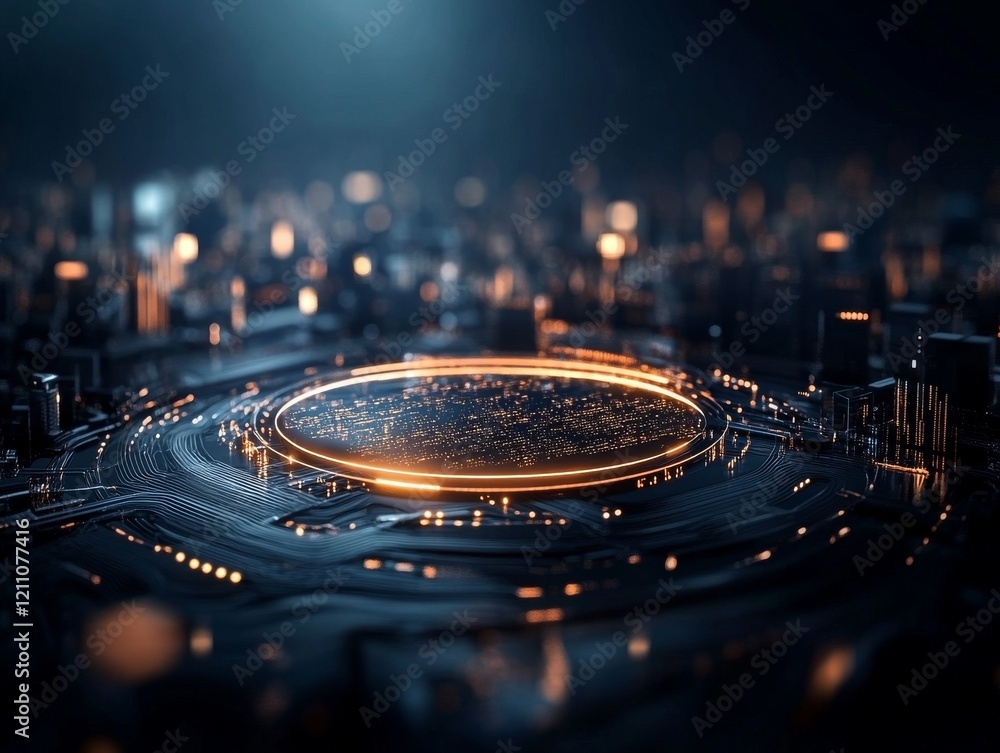 Poster circuit board design featuring glowing lines and a central circular pattern with city lights in the 