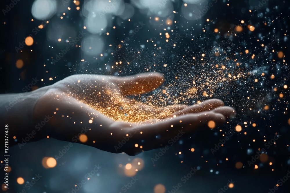Aufkleber hand releasing sparkling particles in a mystical atmosphere surrounded by soft bokeh lights