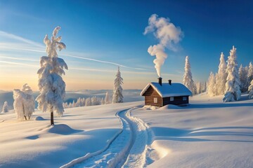 Serene Winter Wonderland Snow-Covered Cabin, Frosty Trees, and a Path Leading to Tranquility