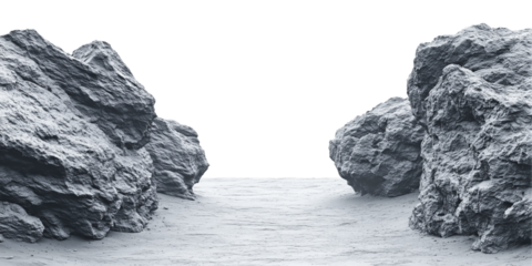 Gray jagged stone cliffs with detailed textures and a sandy pathway, transparent background, ideal for terrain modeling