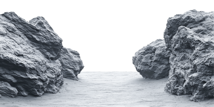 Gray jagged stone cliffs with detailed textures and a sandy pathway, transparent background, ideal for terrain modeling