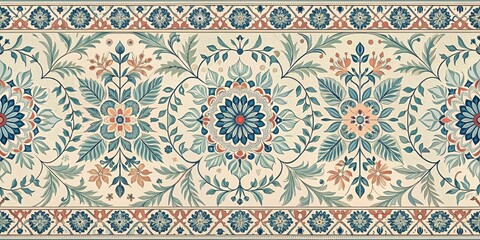 Elegant Floral Tapestry Design Featuring Intricate Blue, Teal, and Peach Accents on a Cream Background