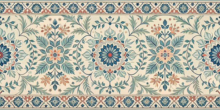 Elegant Floral Tapestry Design Featuring Intricate Blue, Teal, and Peach Accents on a Cream Background