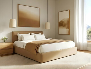 Beige Bedroom Interior Design with Minimalist Decor, Soft Lighting, and Modern Furniture.