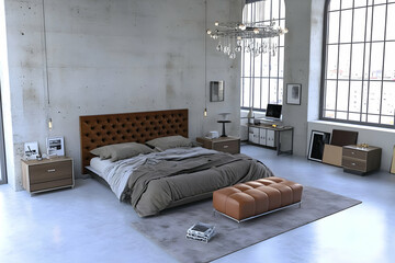 Modern Bedroom Interior Design Showcases a Stylish and Functional Space with Concrete Walls and Large Windows.