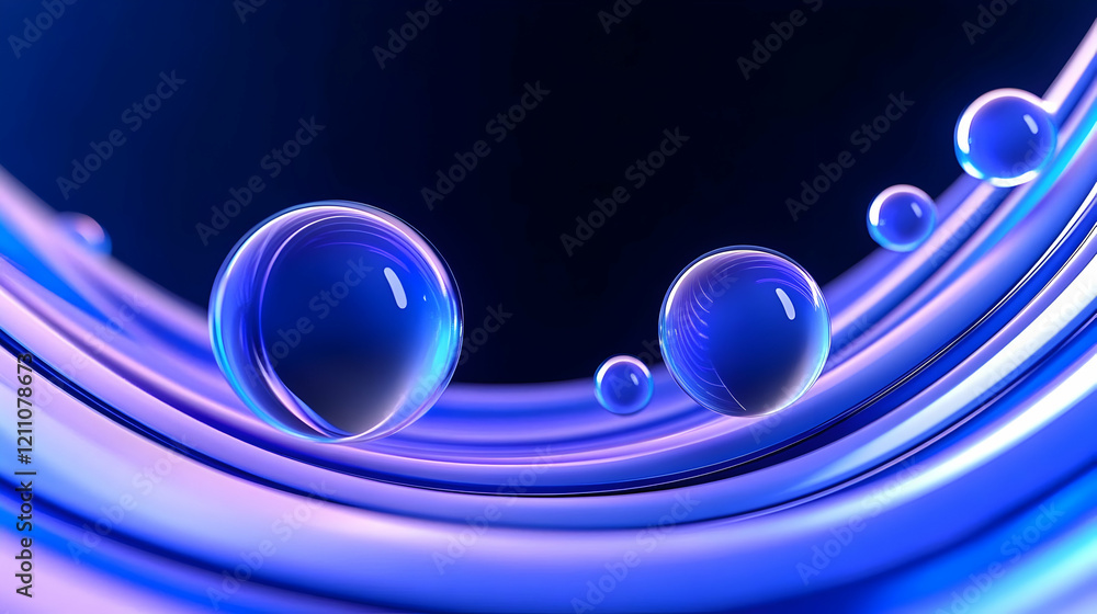 Poster abstract 3d background with blue spheres rolling on wavy surface dynamically