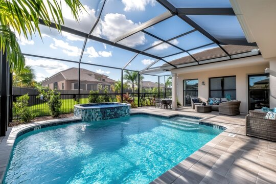 Elegant Poolside Retreat with Screened Enclosure and Sunny Patio, Perfect for Relaxation and Outdoor Gatherings in a Residential Neighborhood