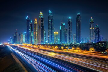 Fototapeta premium Night cityscape with light trails on highway. Illustrates vibrant city life and fast-paced modern society.