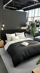 Modern Bedroom Interior Design Shows a Black Bed with White Pillows and Hanging Lamps.