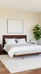 Minimalist Bedroom Interior Shows a Wooden Bed, White Bedding, and Empty Frame Mockup with Plant.