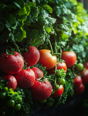Dew-kissed tomatoes ripening on the vine, nestled amongst lush green leaves.