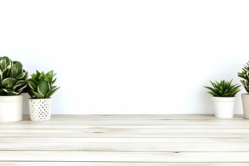 Fototapeta premium Potted Plants Sit on a White Wooden Table Against a Clean White Wall Background