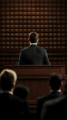 Businessman Addresses Audience from Podium in Formal Setting with Padded Backdrop