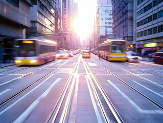 Fototapeta premium Trams and Cars Move Quickly Through City Streets at Sunset, Creating Motion Blur