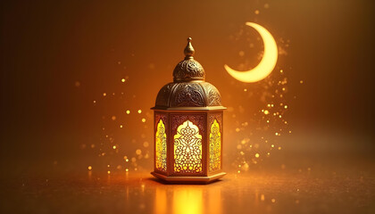 A minimalist Ramadan-inspired composition featuring a beautifully crafted gold lantern and a crescent moon, radiating warm light on a smooth golden surface.