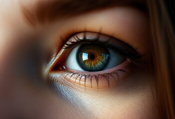 Obraz premium A closeup view highlights the vibrant hues and detailed textures of a woman's eye, reflecting light beautifully in a serene environment.