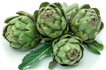 Obraz premium Fresh organic artichokes with green leaves isolated on white background, perfect for food packaging design, restaurant menu, or healthy cooking blog illustration.