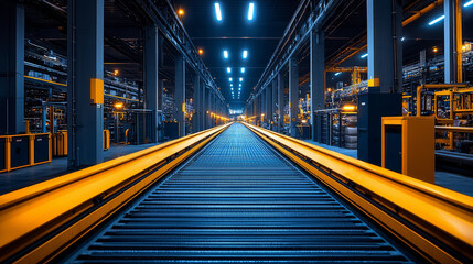 Industrial factory interior: long conveyor belt, yellow sides, blue lighting.