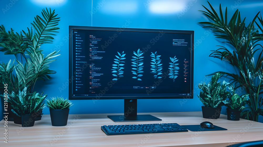 Poster modern home office setup features a computer displaying code and botanical illustrations on a blue b