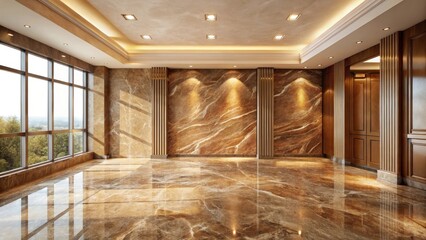Luxurious interior space featuring a polished marble floor, large windows offering scenic views, and a striking brown marble wall accent with golden pillars and recessed lighting.