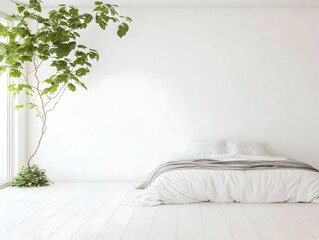 Minimalist Bedroom Interior Design Showcases a Cozy Bed and Lush Plant Decor on White Wooden Floor.