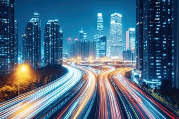 Night cityscape with light trails on highway. Illustrates fast-paced urban life and modern infrastructure.