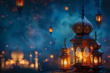 Obraz premium Traditional ornate oriental lanterns glowing at night with magical bokeh lights and mosque silhouette background, perfect for Ramadan and Islamic holiday designs.