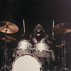 Gorilla Drummer Plays the Drums with Enthusiasm and Passion on a Dark Stage Background.