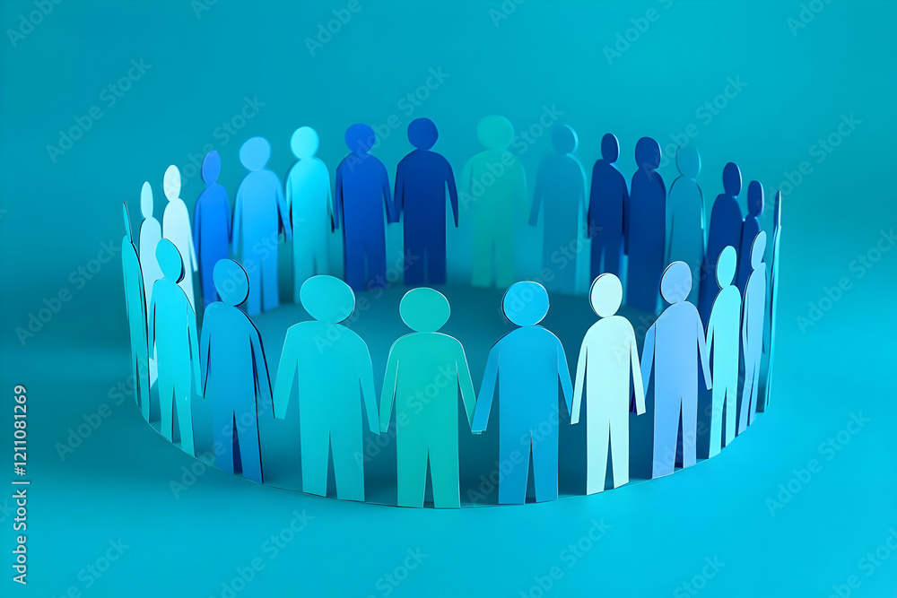 Poster paper cutout figures holding hands in a circle on a blue background symbolizing unity and teamwork