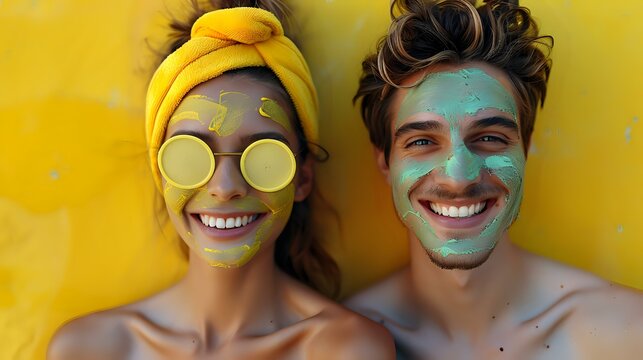 Young diverse couple wearing facial beauty masks and having fun against yellow background. Skincare and wellness concept perfect for beauty blogs and lifestyle content. - Powered by Adobe