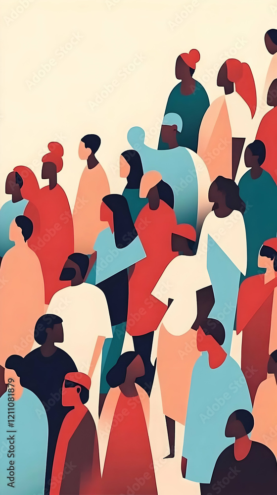 Poster abstract illustration of diverse crowd in colorful tones creates a sense of unity and vibrancy