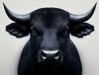Naklejka premium Majestic Black Bull Portrait with Intense Blue Eyes and Powerful Horns on a Subtle Background