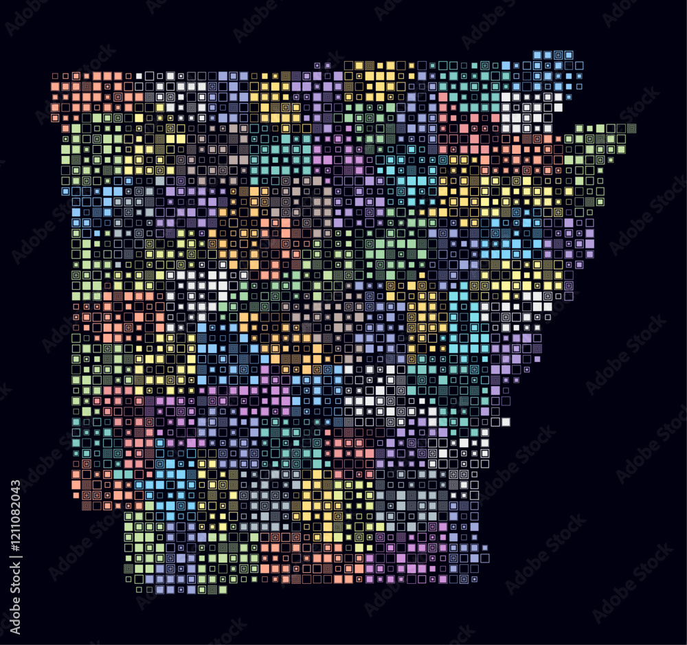 Poster arkansas, shape of the state build of colored cells. digital style map of the arkansas on dark backg