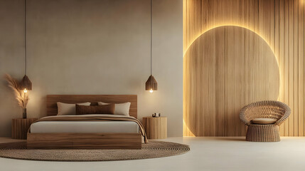 Modern Minimalist Bedroom Interior Design Showcases a Wooden Bed, Rug, and Accent Chair