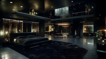 Luxurious dark bedroom interior with black bed, gold accents, and glass accents, offering a modern, elegant design.