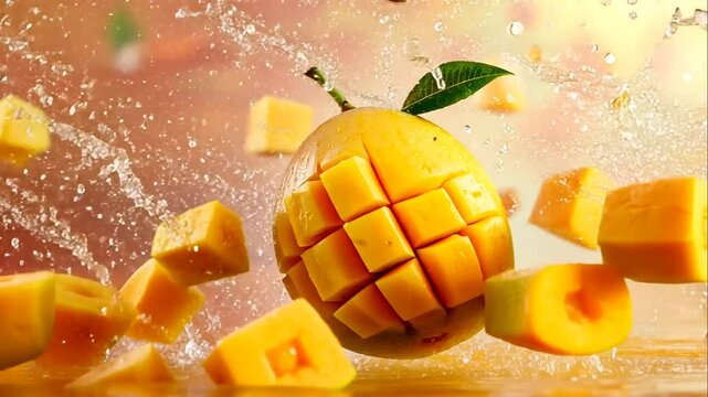 Juicy mango splashing in water with diced pieces.