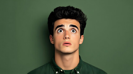 Man Expresses Astonishment While Looking Upward Against Green Backdrop