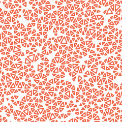 Geometric background with tiny triangles in a solid coral sunset glow. Seamless vector illustration with rounded triangular cells outlined in a repeatable pattern.