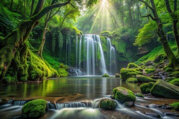 Serene Waterfall Cascading Through Lush, Mossy Forest, Sunbeams Illuminating the Tranquil Scene