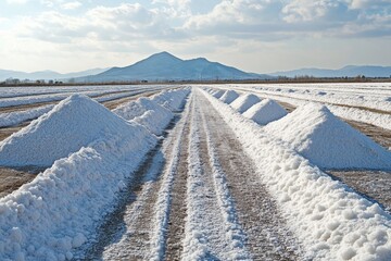 Rows of harvested salt piles in a field. Illustrates salt production, ideal for food or industry.