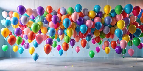 A profusion of vibrant, multicolored balloons suspended from the ceiling, filling a minimalist room with festive cheer and a sense of buoyant joy.